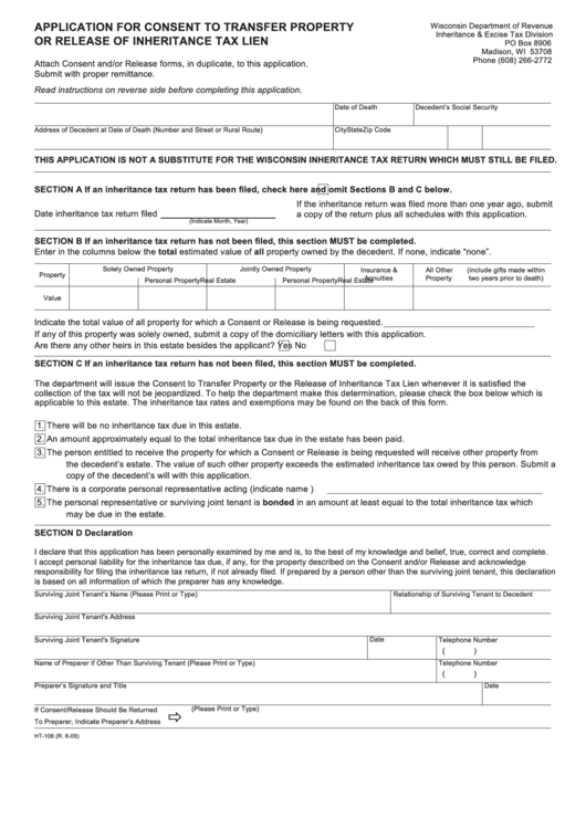 Form Ht-106 - Application For Consent To Transfer Property Or Release Of Inheritance Tax Lien Printable pdf