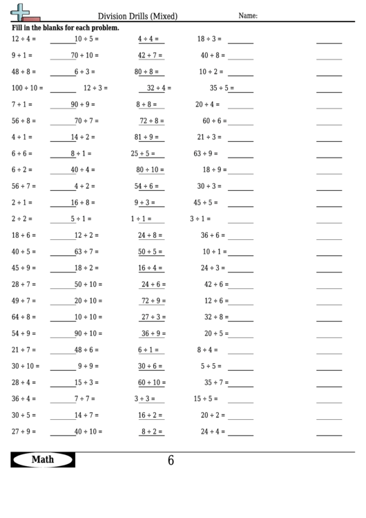 Division Drills (Mixed) - Division Worksheet With Answers printable pdf ...