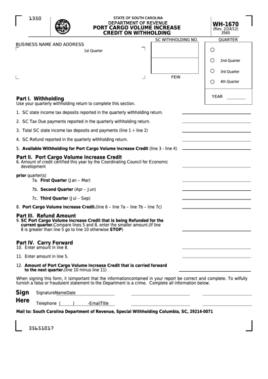 Form Wh-1670 - Port Cargo Volume Increase Credit On Withholding Printable pdf