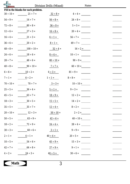 Division Drills (Mixed) - Division Worksheet With Answers printable pdf ...