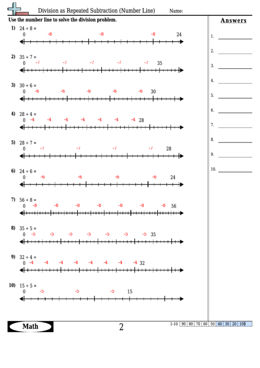 Division As Repeated Subtraction (Number Line) - Division Worksheet With Answers Printable pdf