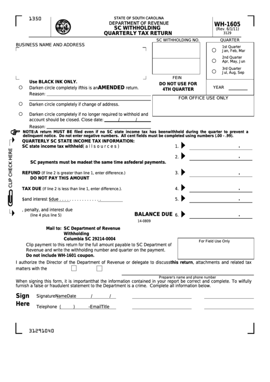 Form Wh-1605 - Sc Withholding Quarterly Tax Return Printable pdf