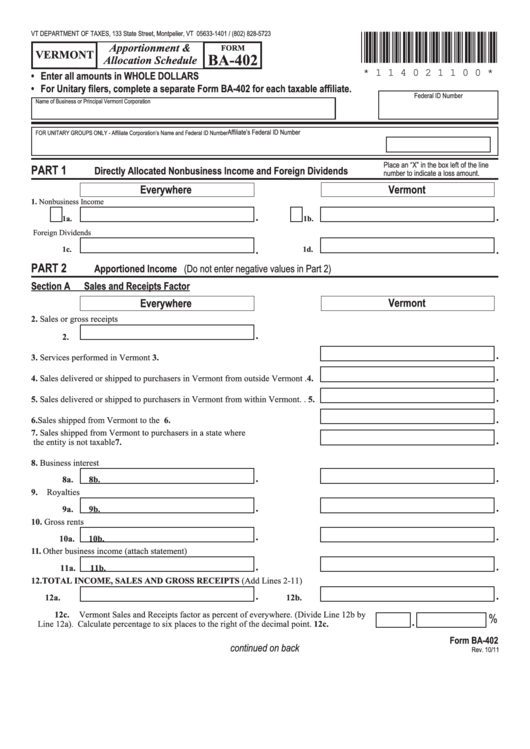 Form Ba-402 - Vermont Apportionment & Allocation Schedule Printable pdf