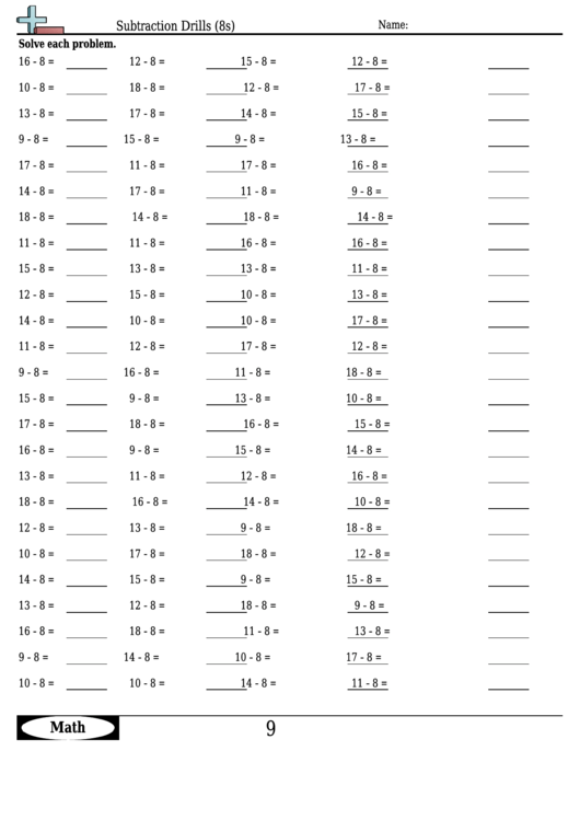 Subtraction Drills (8s) - Subtraction Worksheet With Answers printable ...