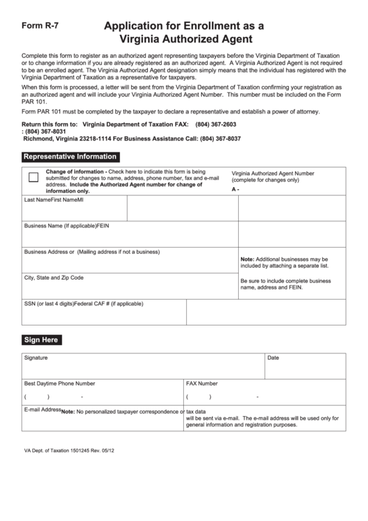 Form R-7 - Application For Enrollment As A Virginia Authorized Agent Printable pdf
