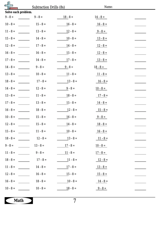 Subtraction Drills (8s) - Subtraction Worksheet With Answers Printable pdf