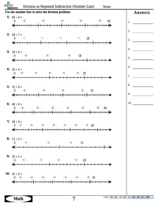 Division As Repeated Subtraction (Number Line) - Division Worksheet With Answers Printable pdf