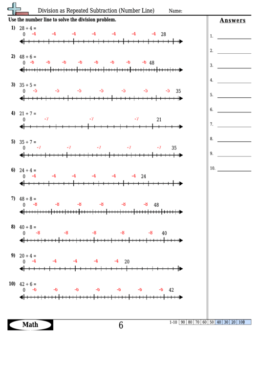 Division As Repeated Subtraction (Number Line) - Division Worksheet With Answers Printable pdf