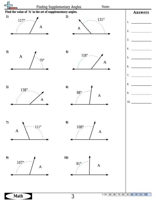 Finding Supplementary Angles - Angle Worksheet With Answers Printable pdf