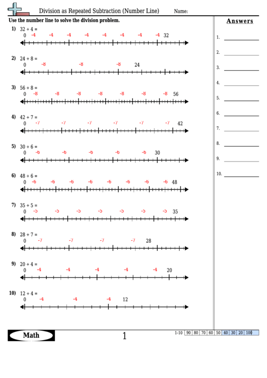 Division As Repeated Subtraction (Number Line) - Division Worksheet With Answers Printable pdf