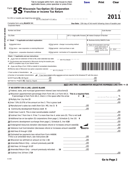 Fillable Form 5s - Wisconsin Tax-Option (S) Corporation Franchise Or Income Tax Return - 2011 Printable pdf