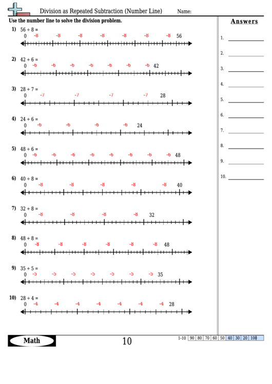 Division As Repeated Subtraction (Number Line) - Division Worksheet With Answers Printable pdf