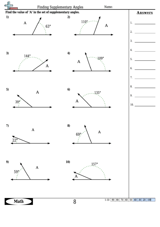 Finding Supplementary Angles - Angle Worksheet With Answers Printable pdf