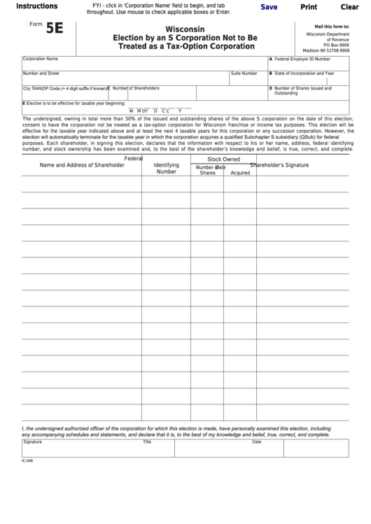 Fillable Form 5e - Wisconsin Election By An S Corporation Not To Be Treated As A Tax-Option Corporation Printable pdf