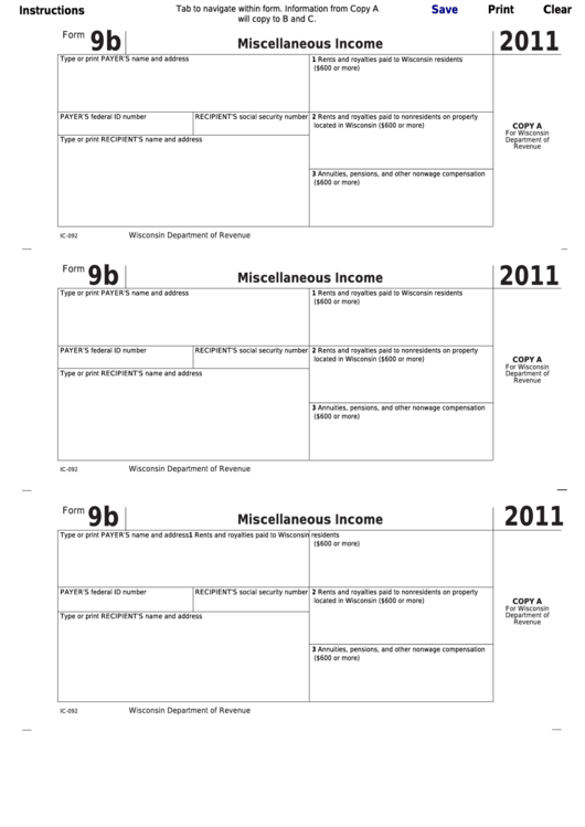Fillable Form 9b - Miscellaneous Income - 2011 Printable pdf