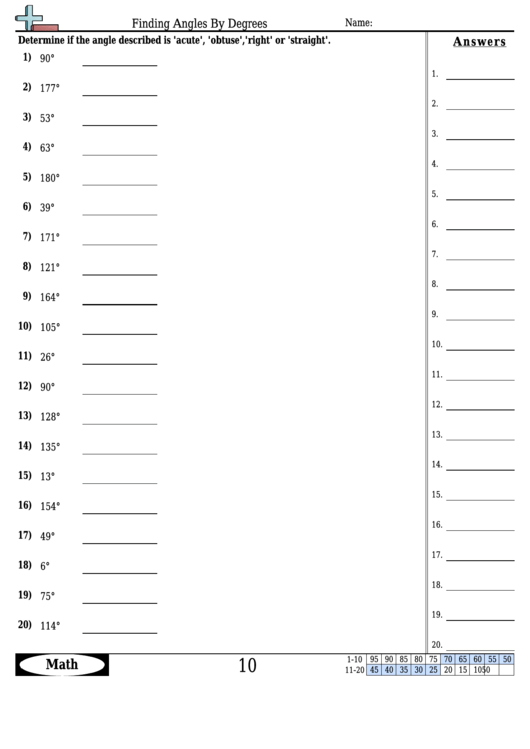 Finding Angles By Degrees - Angle Worksheet With Answers Printable pdf