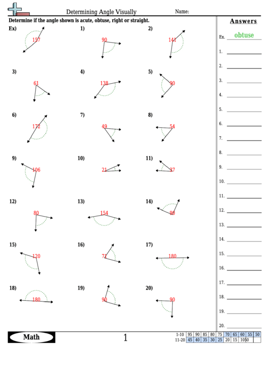 Determining Angle Visually - Angles Worksheet With Answers Printable pdf