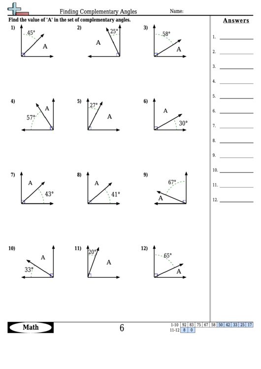 Finding Complementary Angles - Angle Worksheet With Answers Printable pdf