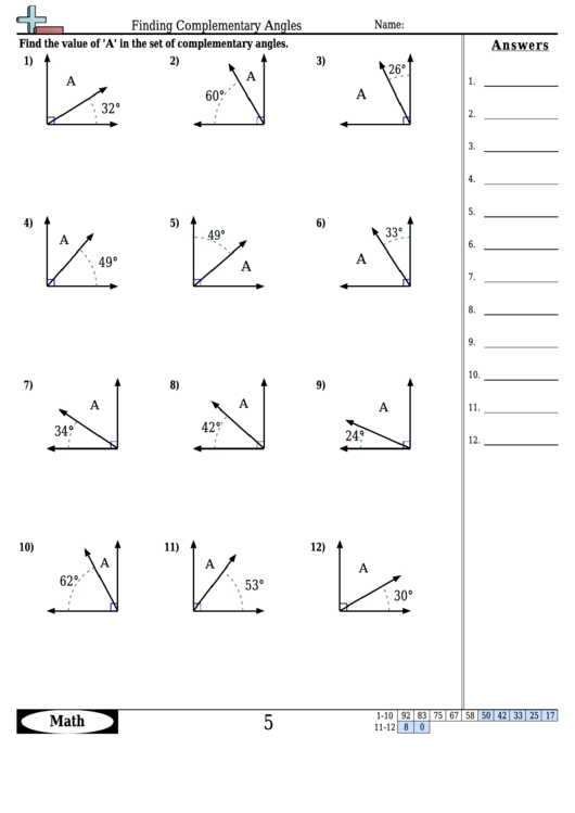 Finding Complementary Angles - Angle Worksheet With Answers Printable pdf