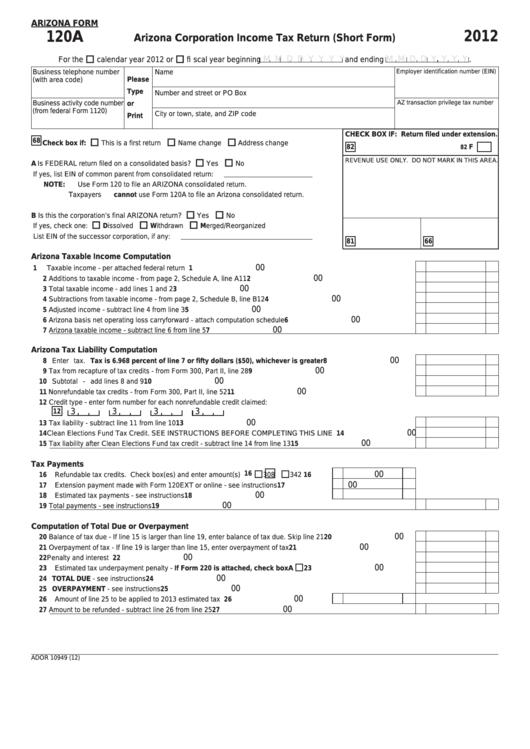 Fillable Arizona Form 120a - Arizona Corporation Income Tax Return (Short Form) - 2012 Printable pdf