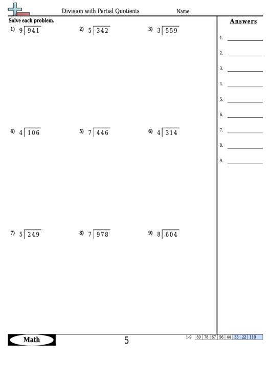 Division With Partial Quotients - Division Worksheet With Answers Printable pdf