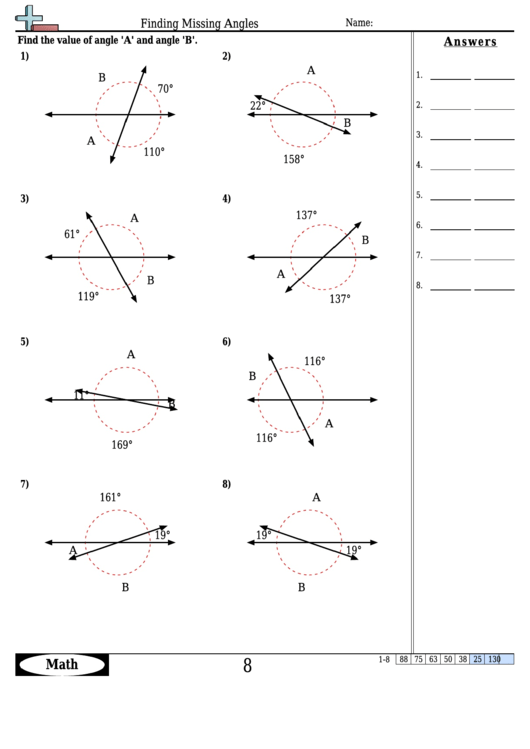 Finding Missing Angles - Angle Worksheet With Answers Printable pdf