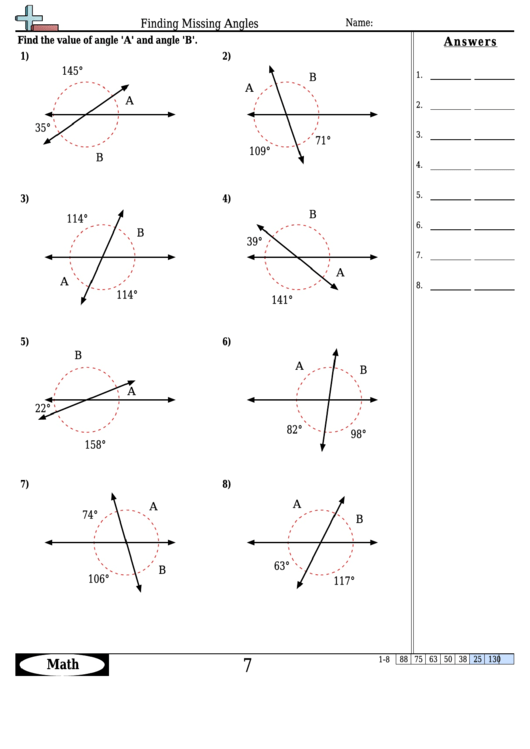 Finding Missing Angles - Angle Worksheet With Answers Printable pdf