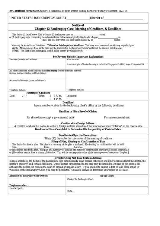 Form B9g - Notice Of Chapter 12 Bankruptcy Case, Meeting Of Creditors, & Deadlines Printable pdf