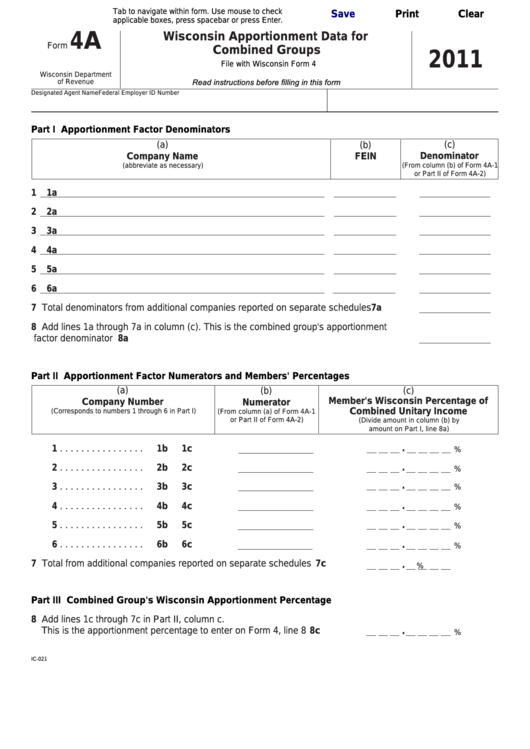 Fillable Form 4a - Wisconsin Apportionment Data For Combined Groups - 2011 Printable pdf
