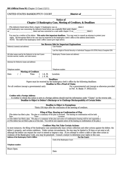 Form B9i - Notice Of Chapter 13 Bankruptcy Case, Meeting Of Creditors, & Deadlines Printable pdf