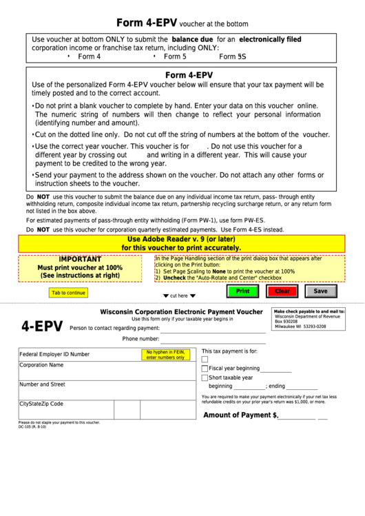 Fillable Form 4-Epv - Wisconsin Corporation Electronic Payment Voucher Printable pdf