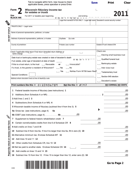 Fillable Form 2 - Wisconsin Fiduciary Income Tax For Estates Or Trusts - 2011 Printable pdf