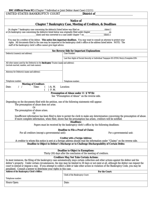 Form B9c - Notice Of Chapter 7 Bankruptcy Case, Meeting Of Creditors, & Deadlines Printable pdf