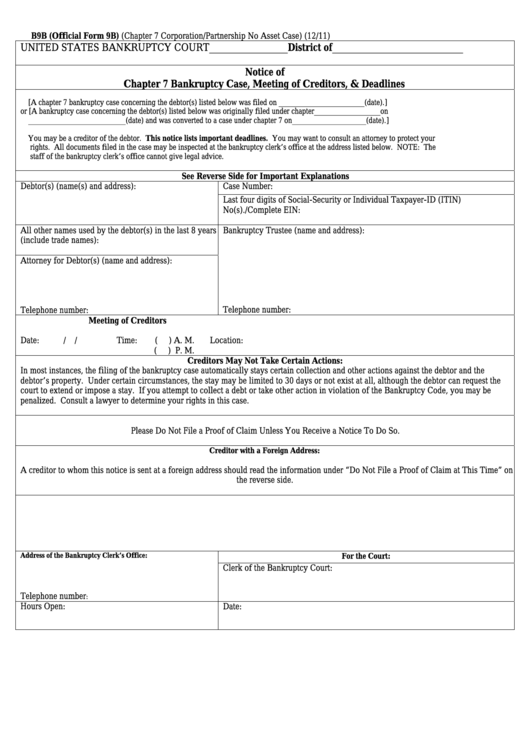 Form B9b - Notice Of Chapter 7 Bankruptcy Case, Meeting Of Creditors, & Deadlines Printable pdf