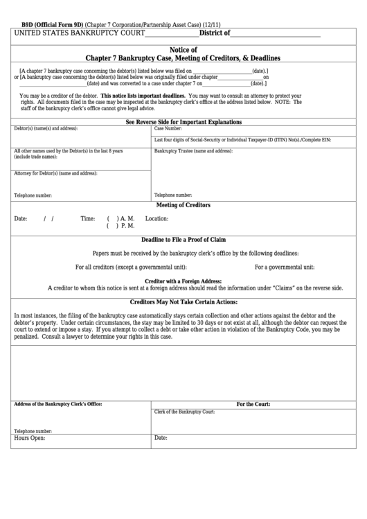 Form B9d - Notice Of Chapter 7 Bankruptcy Case, Meeting Of Creditors, & Deadlines Printable pdf