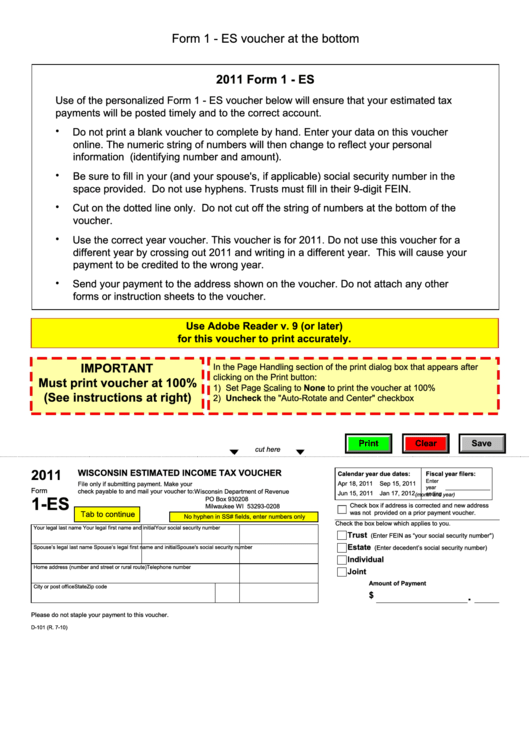 Fillable Form 1-Es - Wisconsin Estimated Income Tax Voucher - 2011 Printable pdf