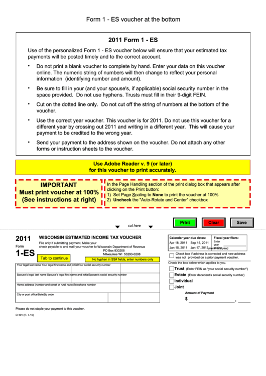 Fillable Form 1 Es Wisconsin Estimated Income Tax Voucher 2011 Printable Pdf Download