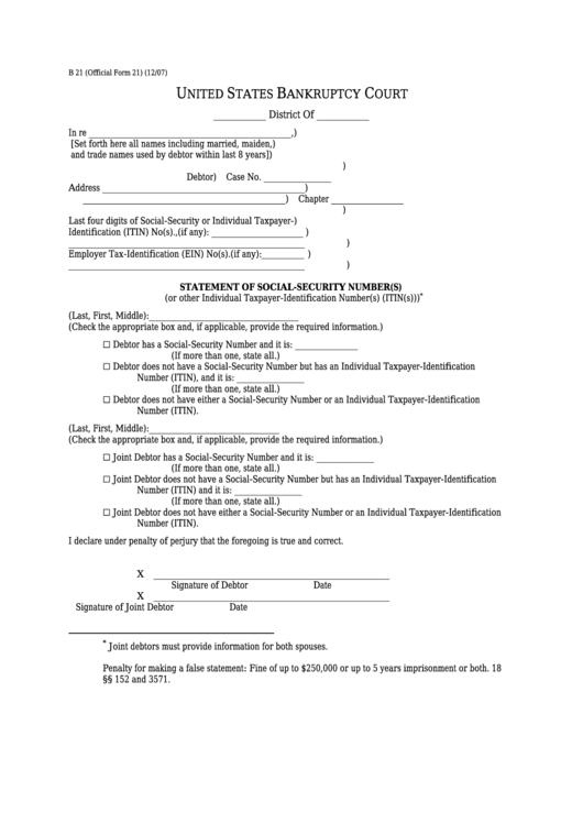 Fillable Form B 21 - Statement Of Social-Security Number(S) Printable pdf
