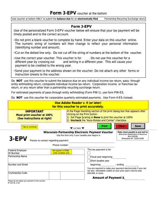 Fillable Form 3-Epv - Wisconsin Partnership Electronic Payment Voucher Printable pdf