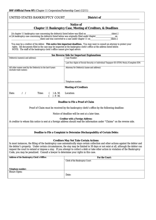 Form B9f - Notice Of Chapter 11 Bankruptcy Case, Meeting Of Creditors, & Deadlines Printable pdf