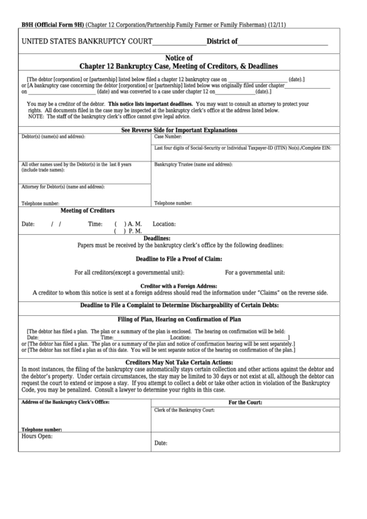 Form B9h - Notice Of Chapter 12 Bankruptcy Case, Meeting Of Creditors, & Deadlines Printable pdf