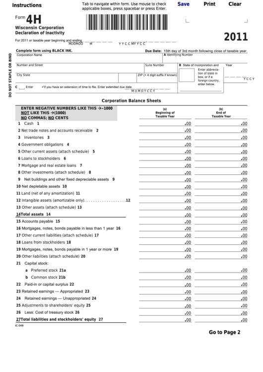 Fillable Form 4h - Wisconsin Corporation Declaration Of Inactivity - 2011 Printable pdf