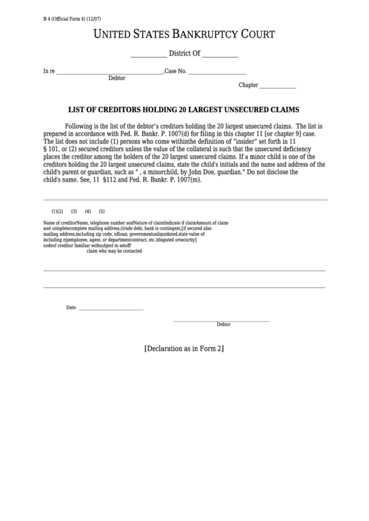 Fillable Form B 4 - List Of Creditors Holding 20 Largest Unsecured Claims Printable pdf