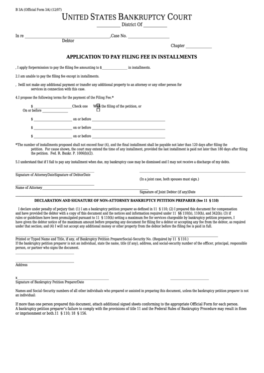 Fillable Form B 3a - Application To Pay Filing Fee In Installments Printable pdf