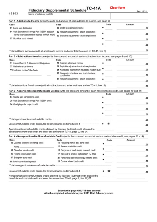 Fillable Form Tc-41a - Fiduciary Supplemental Schedule Printable pdf