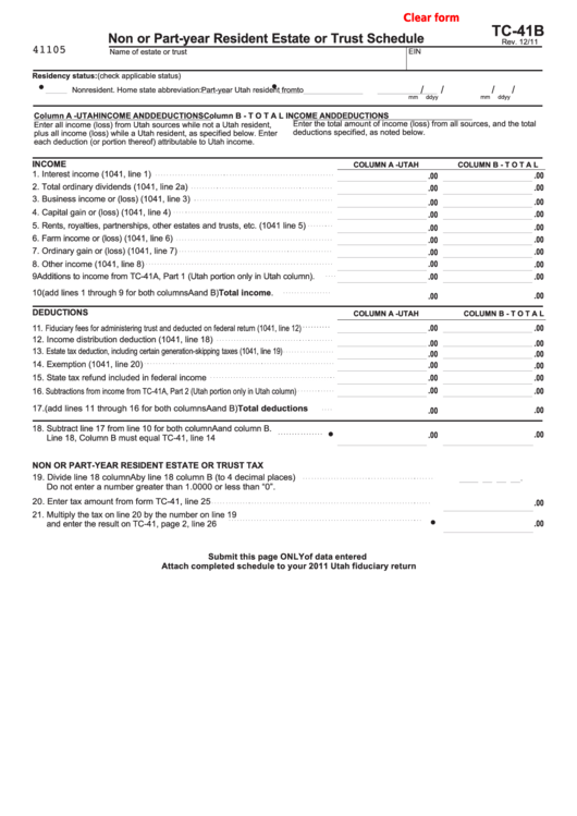 Fillable Form Tc-41b - Non Or Part-Year Resident Estate Or Trust Schedule Printable pdf