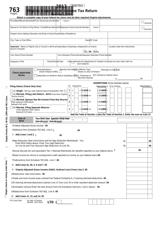 Fillable Form 763 - Virginia Nonresident Income Tax Return - 2013 Printable pdf
