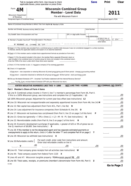 Fillable Form 4m - Wisconsin Combined Group Member - Level Data - 2011 Printable pdf