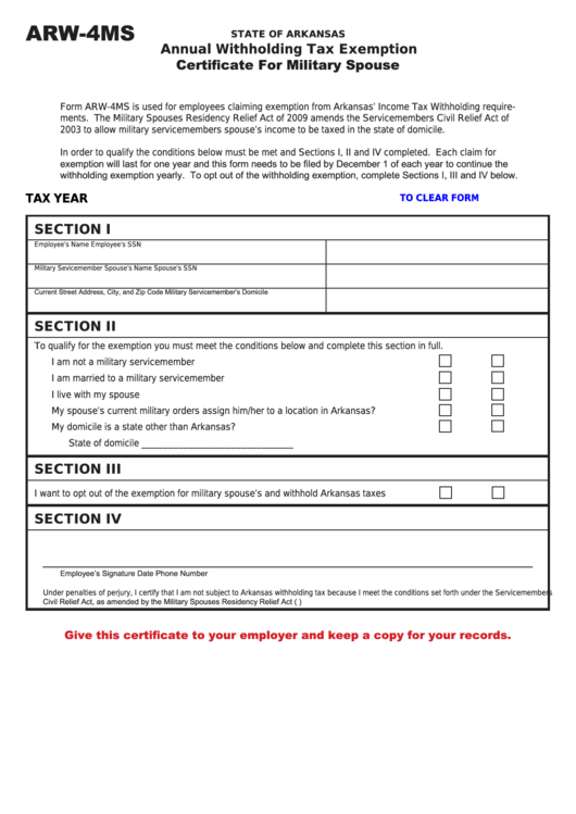 Fillable Form Arw-4ms - Annual Withholding Tax Exemption Certificate For Military Spouse Printable pdf