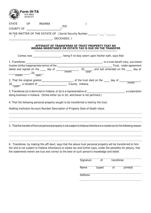 Fillable Form Ih-Ta - Affidavit Of Transferee Of Trust Property That No Indiana Inheritance Or Estate Tax Is Due On The Transfer Printable pdf